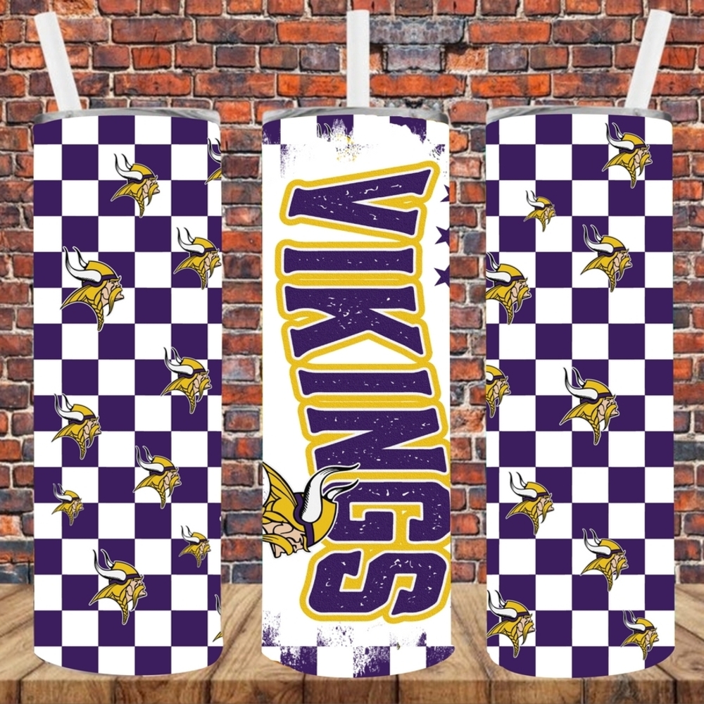 Sublimation Black White Checkered Tumbler with Gold Logo Vikings
